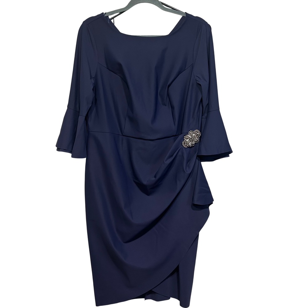 Alex Evenings Cocktail Dress Womens 14W Navy‎ Blue Bell Sleeve Wedding Evening